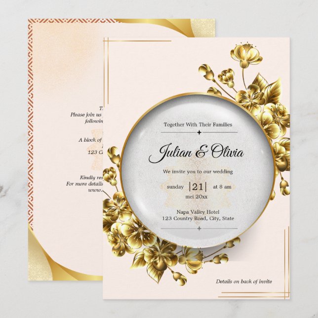 Convites Luxo Casamento Floral Dourado  (Frente/Verso)
