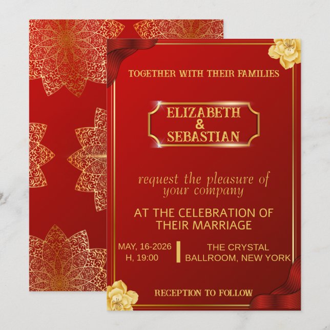Convites Luxo Casamento Mandala Real Vermelho e Dourado  (Frente/Verso)
