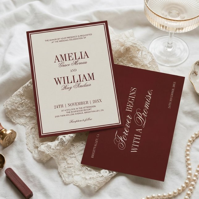 Convites Luxo Clássico Antiga Fortuna Casamento Borgonha (Criador carregado)