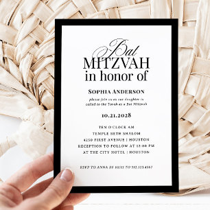 Convites Luxo Clássico Elegante preto e branco Bat Mitzva