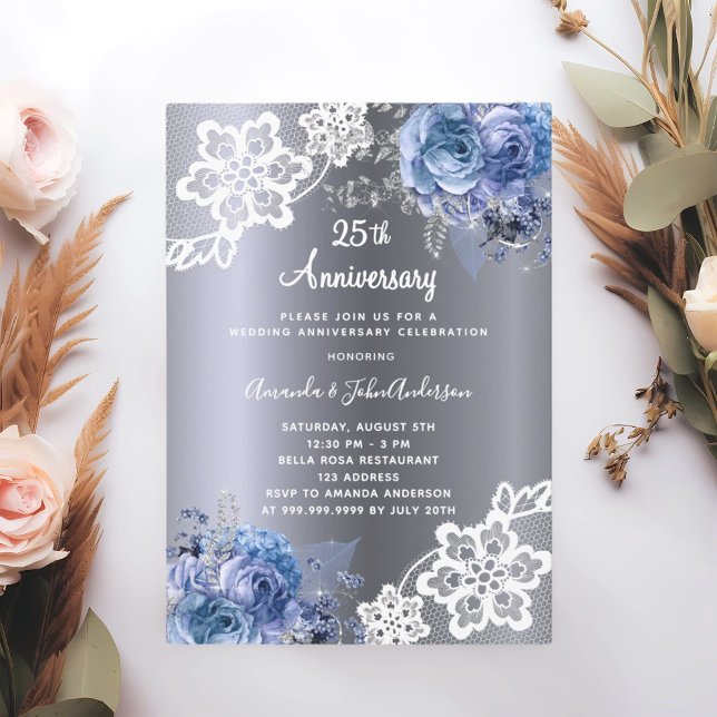 Convites Luxo de aniversário de casamento da 25 de renda az (Criador carregado)