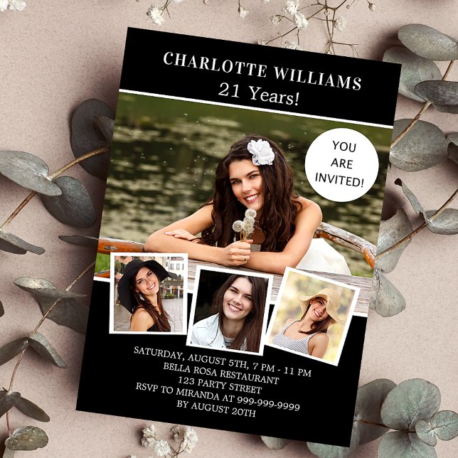 Convites luxo de colagem de fotos em branco preto-festa de  (Criador carregado)