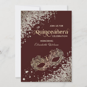 Convites luxo de mascarada diamante Quinceañera burgundy