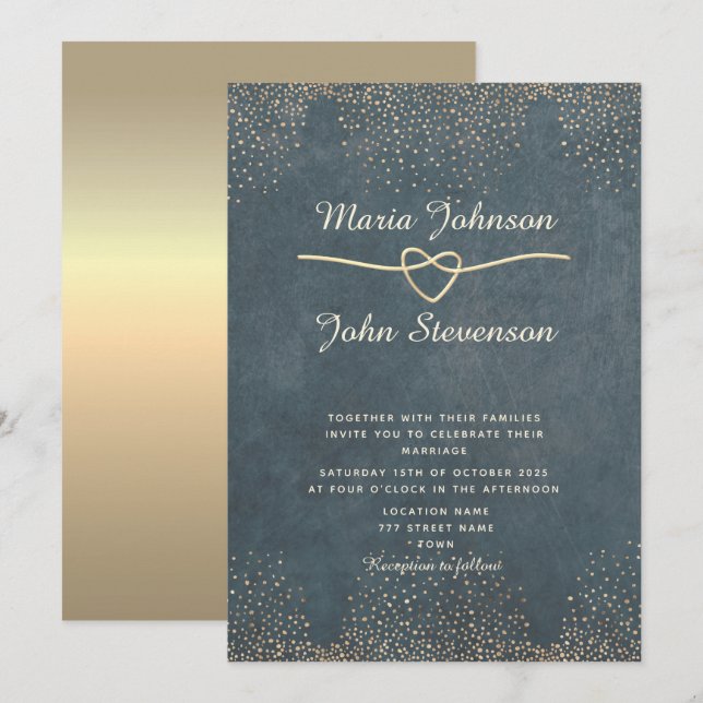 Convites Luxo Dourado Azul Marinho Chic Casamento (Frente/Verso)