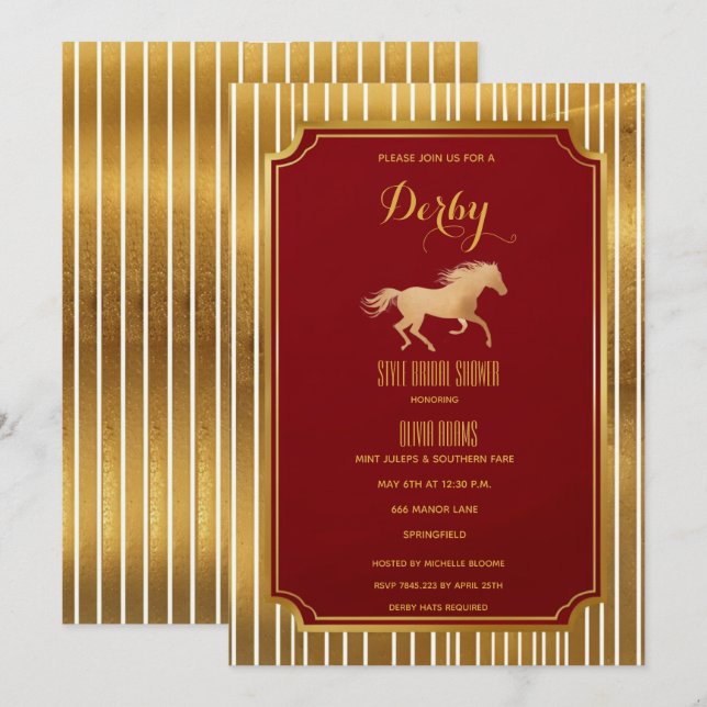 Convites Luxo Dourado & Borgonha Art Deco Derby Noiva Show (Frente/Verso)