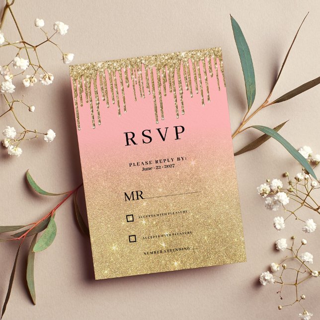 Convites Luxo dourado brilho cor-de-rosa pinga RSVP (Luxury gold glitter pink ombre drips RSVP )