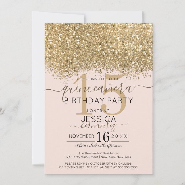Convites Luxo Dourado Link Glitter Confetti Quinceañera (Frente)
