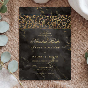 Convites Luxo Dourado Mármore Preto Nossa Boda Casamento