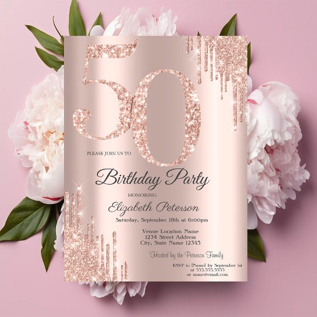 Convites Luxo Drips de Glitter em Ouro Rosa para Aniversári (Criador carregado)
