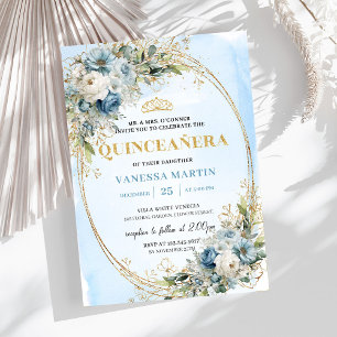 Convites Luxo Dusty Blue Dourado Folhagem Quinceañera