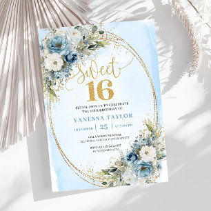 Convites Luxo Dusty Blue Floral Aniversário de Dezesseis An