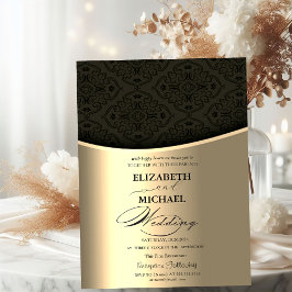 Convites Luxo Elegante Damasco Preto Dourado Casamento