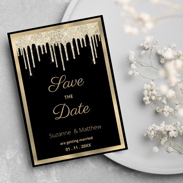 Convites Luxo em ouro preto com brilho pingando Salve a Dat (Black gold luxury glitter drips Save the Date )