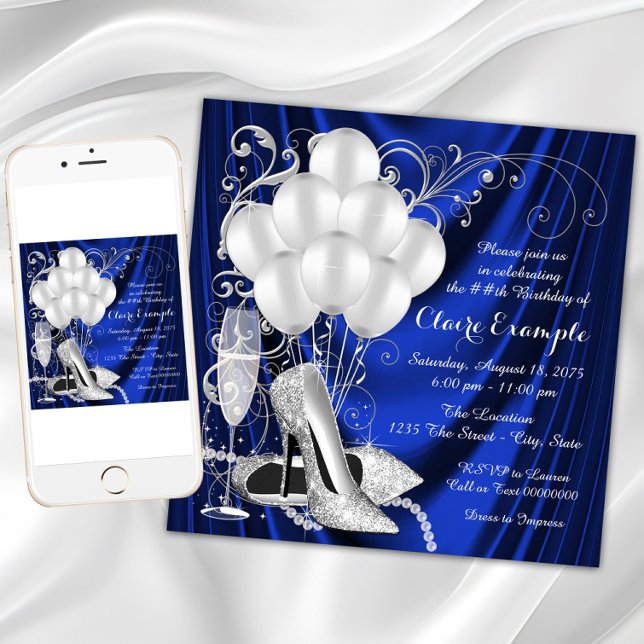 Convites Luxo Festa de aniversário Real Azul e Prata (Womans Royal Blue and Silver Birthday Party Invitation with elegant silver high heel shoes.)