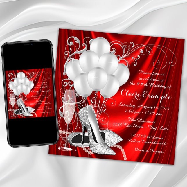 Convites Luxo Festa de aniversário Vermelho e Silver das Mu (Womans red and silver birthday party invitation with pretty silver high heel shoes, pearls. Any #.)