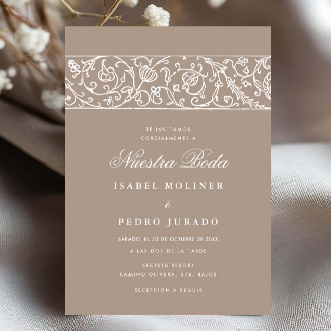 Convites Luxo Floral Bege e Branco Nuestra Boda Casamento (Criador carregado)