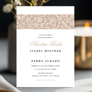Convites Luxo Floral Bege Nossa Noiva Casamento Espanhol