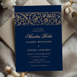 Convites Luxo Floral Dourado Azul Marinho Nossa Noiva Casam
