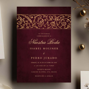 Convites Luxo Floral Dourado & Borgonha Nossa Noiva Casamen