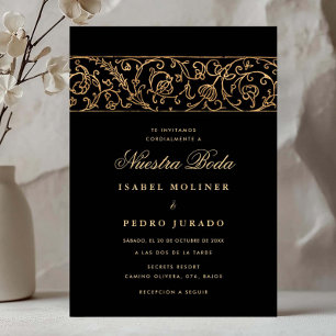 Convites Luxo Floral Dourado & Preto Nossa Noiva Casamento