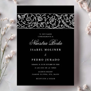 Convites Luxo Floral Preto e Branco Nuestra Boda Casamento