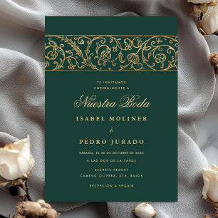 Convites Luxo Floral Verde & Dourado Nossa Noiva Casamento