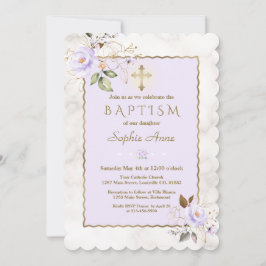 Convites Luxo Flores Douradas Roxas e Roxas Marble Baptism