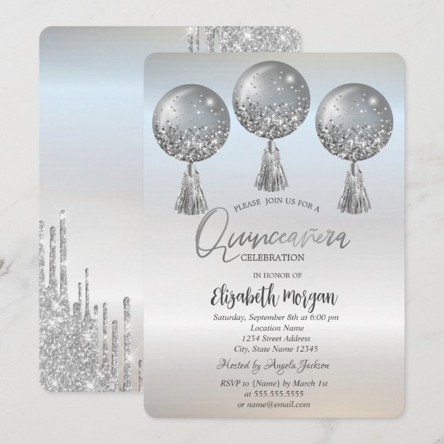 Convites Luxo Glitter Lança Balões Silver Quinceañera (Frente/Verso)