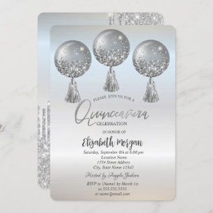 Convites Luxo Glitter Lança Balões Silver Quinceañera