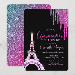 Convites Luxo Gotejamentos de Brilho Torre Eiffel Quinceañ