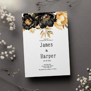 Convites Luxo marfim preto dourado peônia floral Casamento