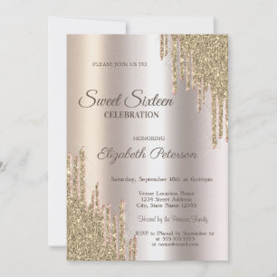 Convites Luxo Moderno Brilho Gotas Ouro Sweet 16