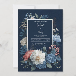 Convites Luxo Moldura Dourada Azul Marinho Floral Branco Ca