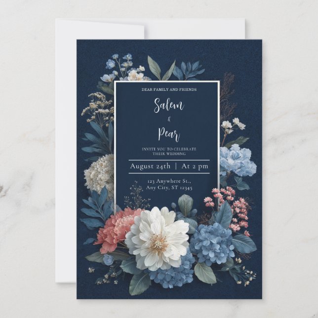 Convites Luxo Moldura Dourada Azul Marinho Floral Branco Ca (Frente)