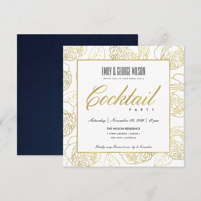 CONVITES LUXO NAVY FALSO OURO ROSA FLORESTA COQUETEL FESTA (Frente/Verso)