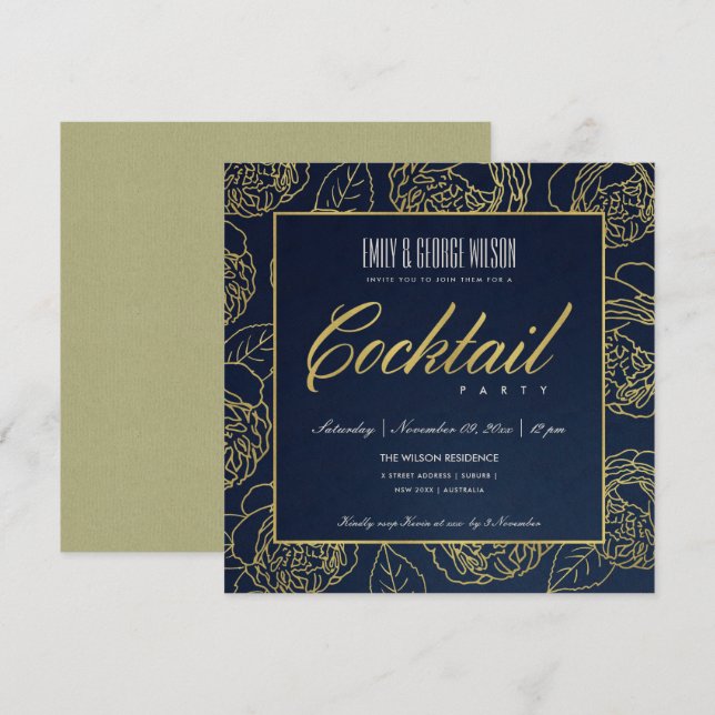 CONVITES LUXO NAVY FALSO OURO ROSA FLORESTA COQUETEL FESTA (Frente/Verso)