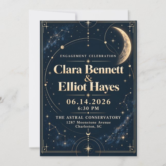 Convites Luxo Navy Ouro Celestial Lua Estrelas Envolvimento (Frente)