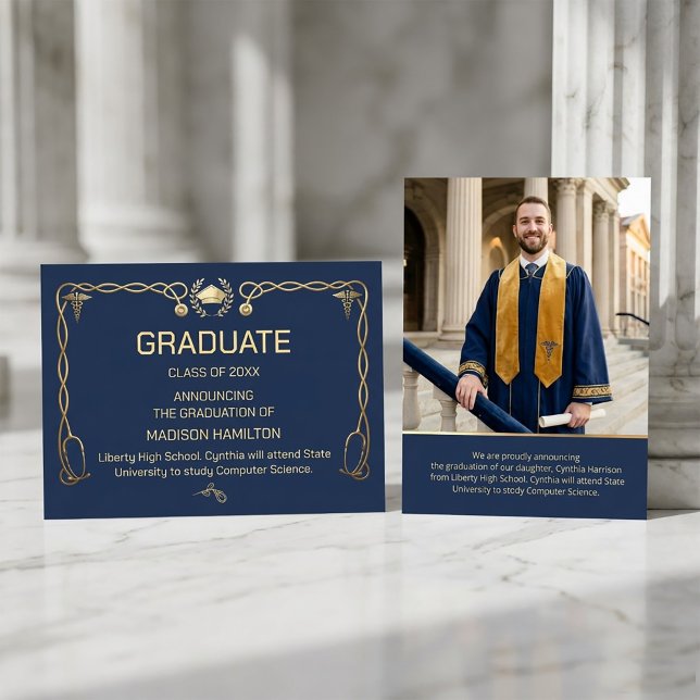 Convites Luxo Navy & Ouro Médico  (#GraduationInvitation
#MedicalGraduation
#DoctorGraduation
#LuxuryInvitation#NavyGoldDesign#Graduate)