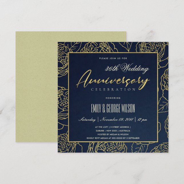 CONVITES LUXO NAVY OURO ROSA FLORAL QUALQUER ANO ANIVERSÁRI (Frente/Verso)
