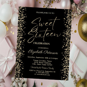 Convites Luxo Ouro Diamantes Fama Preto Sweet 16
