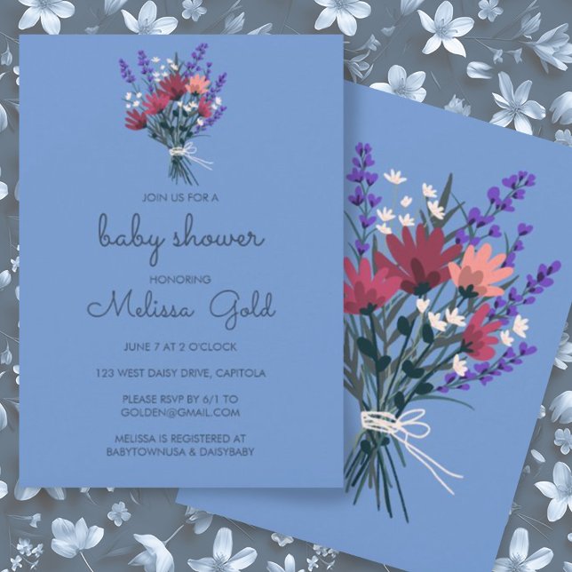 Convites Luxo PERSONALIZADO do CHÁ DE FRALDAS de flor selva (Custom baby shower invitation with wildflower bouquet. Change the colors and fonts if you like)