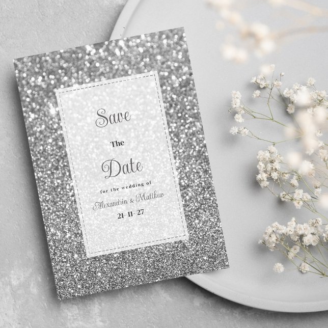 Convites Luxo prata brilhante glitter glam Salve a Data  (Luxury silver sparkly glitter glam Save The Date)