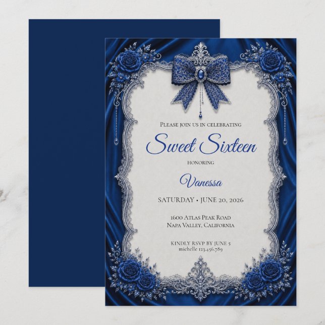 Convites Luxo PrataAzul Real Prata Sweet 16 (Frente/Verso)