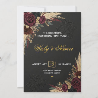 Convites Luxo Preto Borgonha e Dourado Casamento Floral