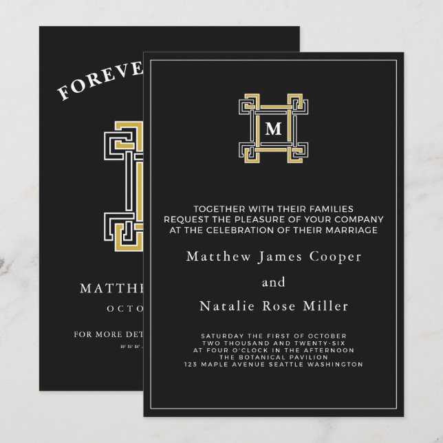 Convites Luxo Preto Dourado Monograma Chave Grega Régia (Frente/Verso)