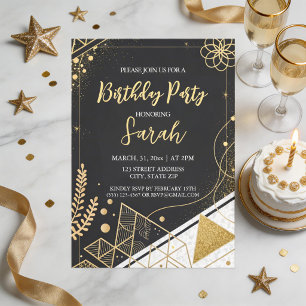 Convites luxo preto e dourado brilho moderno aniversário 