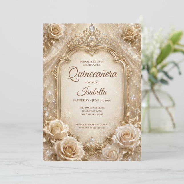 Convites Luxo Princesa Quinceañera Marfim Dourado (Em pé/Frente)