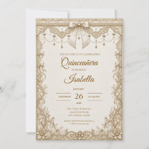 Convites Luxo Quinceañera Laço de Renda Dourado Marfim