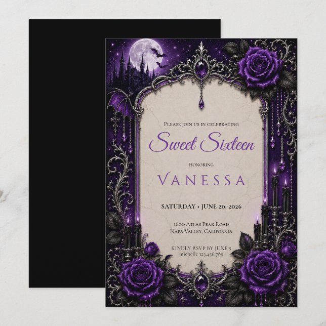 Convites Luxo Rhinestones Roxo Brilho sweet 16 (Frente/Verso)