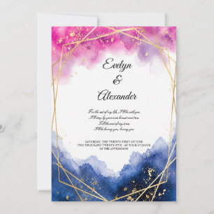 Convites Luxo Rosa Bege Azul Naval Moldura Dourada Aquarela